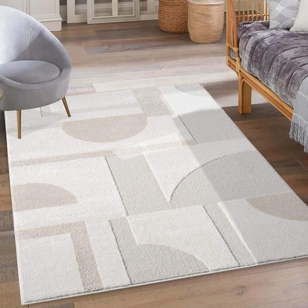 Teppich Lounge 9992 Kurzflor Creme Modern Geo-Muster 3D-Effekt für Wohnzimmer Schlafzimmer Dollie