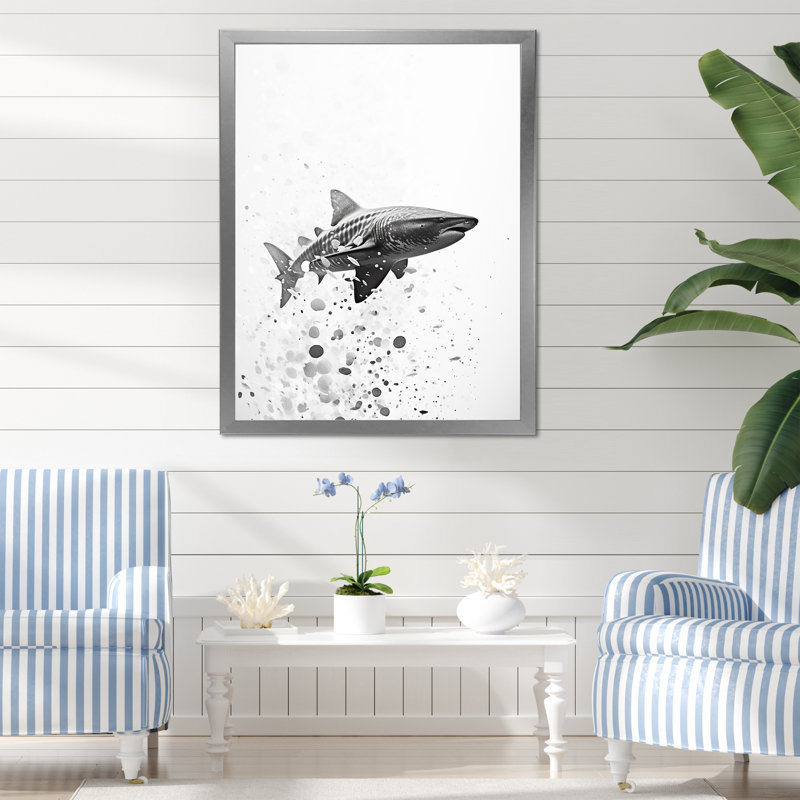 Danse du requin gris monochrome, H 40 po x l 30 po x P 1,5 po, Cadre simple argenté