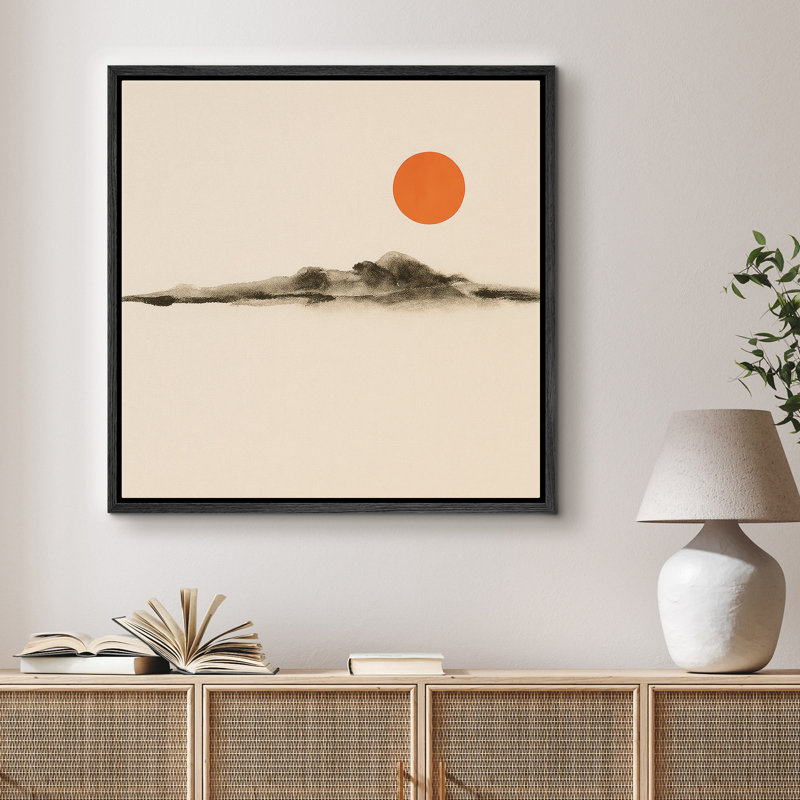 «Minimal Abstract Landscape with Orange Sun Serenity Decor», reproduction d'art sur toile encadrée, Cadre flottant noir