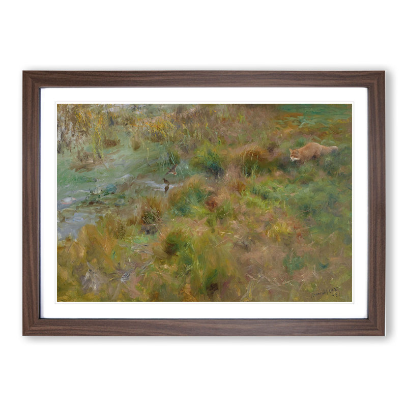 Fox Watching the Ducks by Bruno Liljefors - Picture Frame Painting, 27cm H x 36cm W x 2cm D, Walnut Framed