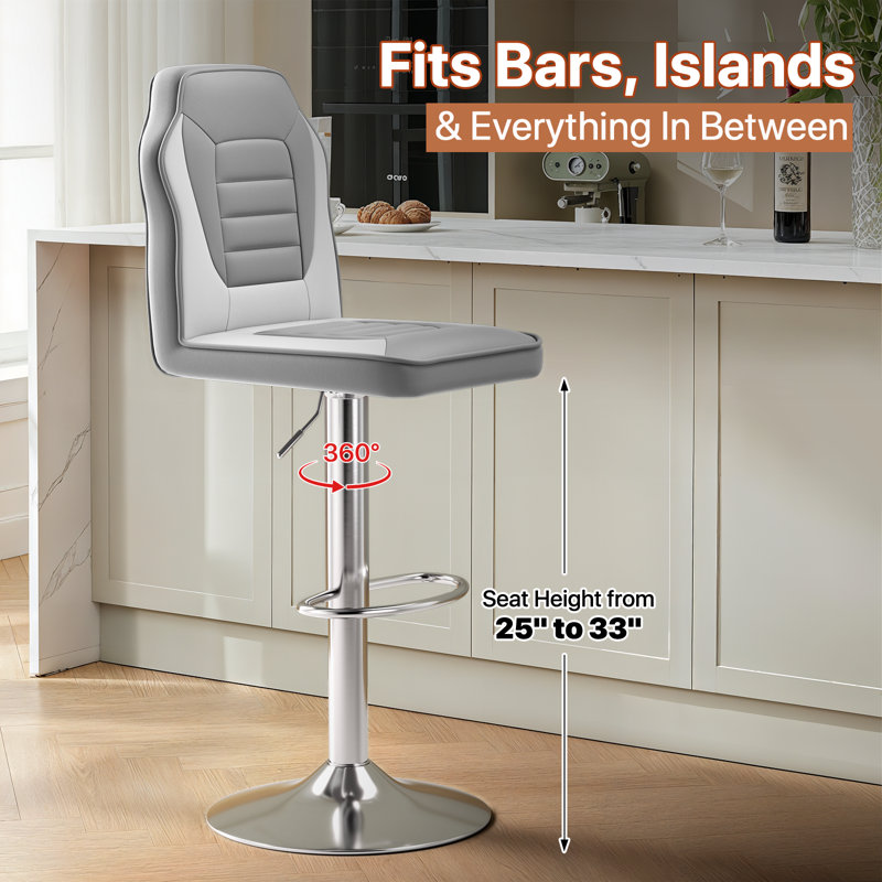 Swivel Upholstered Adjustable Height Counter Stool with Metal Frame, Gray/White