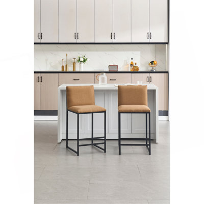 Ensemble de 2 tabourets de bar à hauteur de comptoir, chaises de bar rembourrées en lin, repose-pieds et structure en métal pour la cuisine, la salle à manger