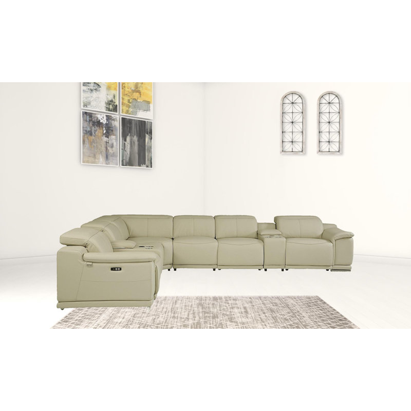 Italian Leather Power Reclining U Shaped Eight Piece Corner Sectional With Console, Beige Top Grain Leather