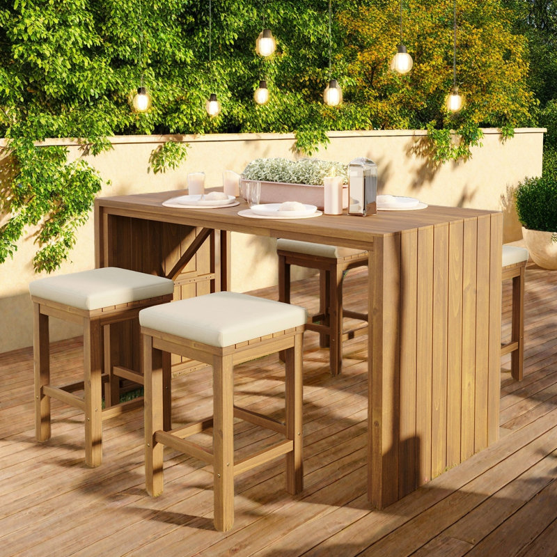 5 Pieces Outdoor Bar Set Included 1 Height Table & Four Stools With Cushions