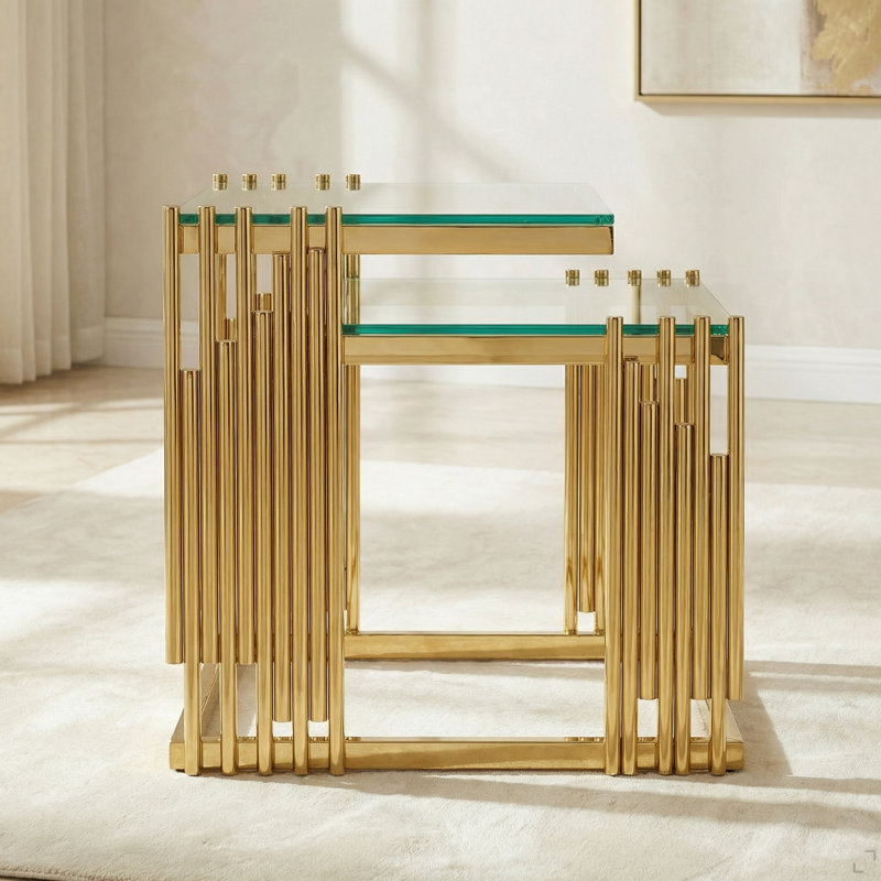 Ensemble de table basse 2 pièces, plateau en verre trempé avec cadre en acier inoxydable, table basse moderne pour salon, chambre à coucher