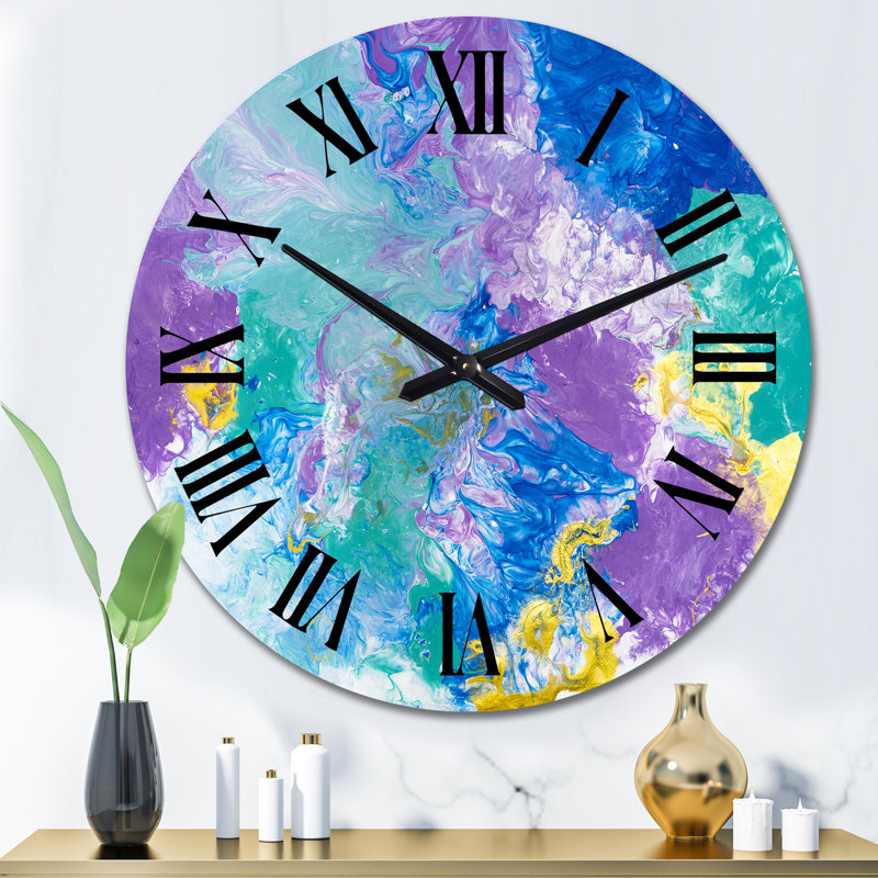 Abstrait bleu mauve et jaune - horloge murale moderne, Médium