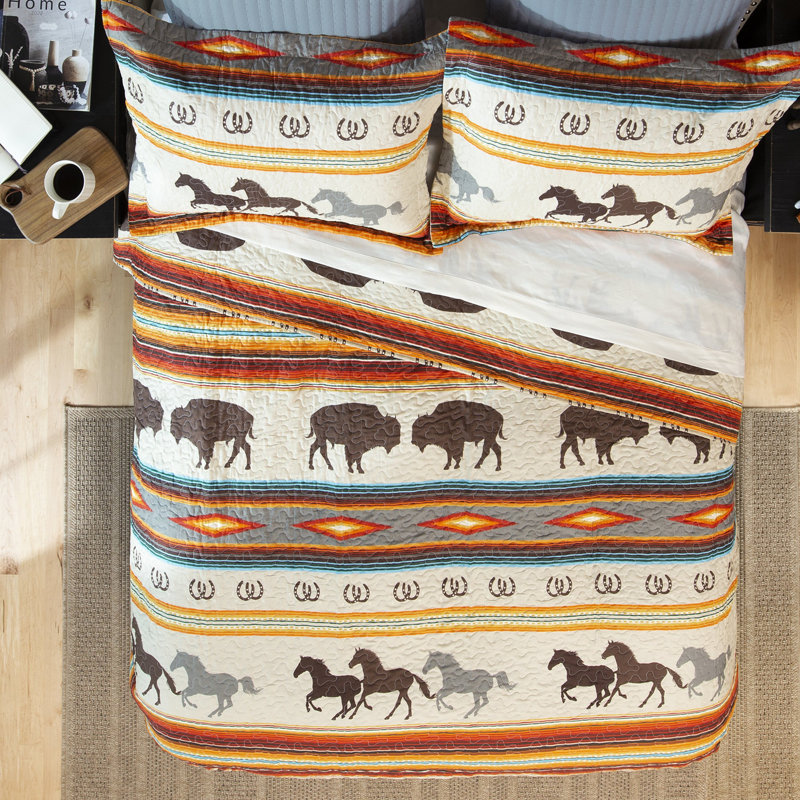 Western Stripe Brown Microfiber Queen Quilt Set