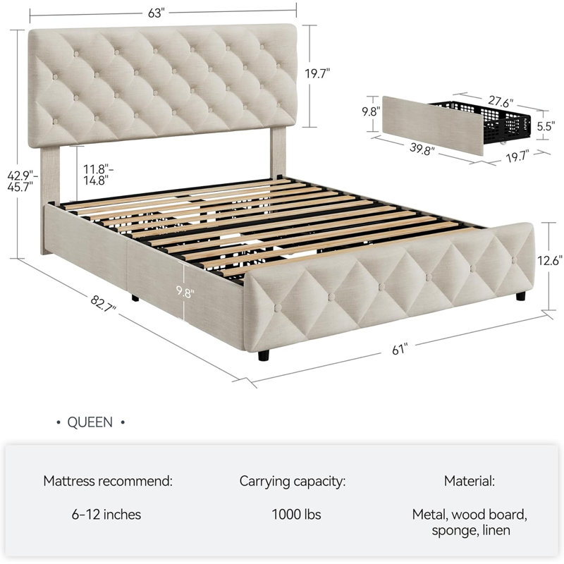 Bed Frame With 4 Storage Drawers, Linen Upholstered Platform Bed Frame With Headboard And Footboard, Beige, Queen