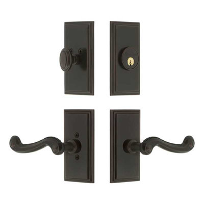 Ensemble de portes d'entrée Grandeur Carre avec levier Newport en bronze intemporel