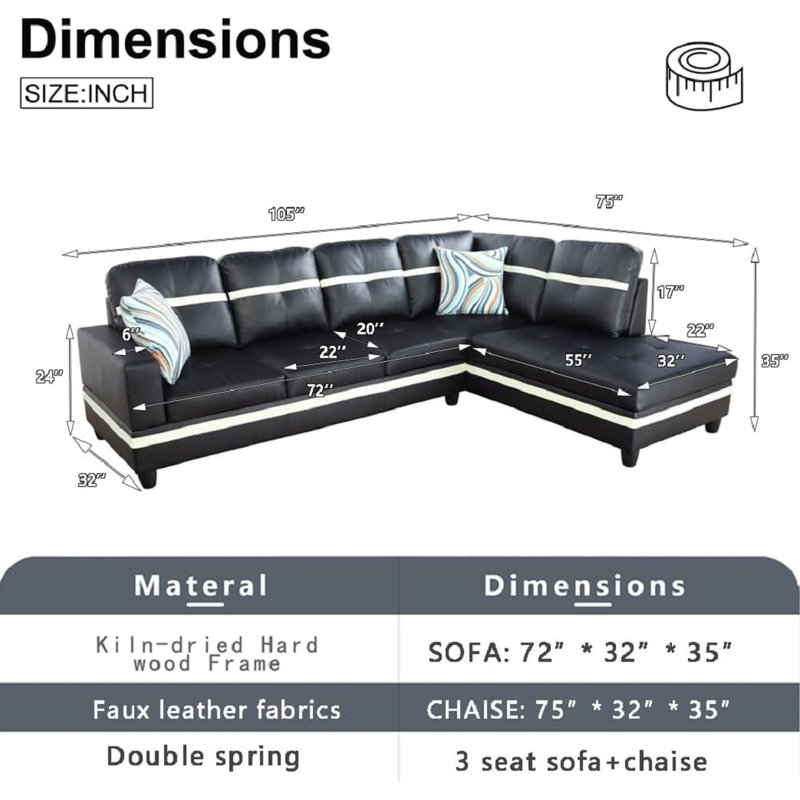 Bawan Faux Leather L-Shaped Sectional, Right Hand Facing, Black/White Faux Leather