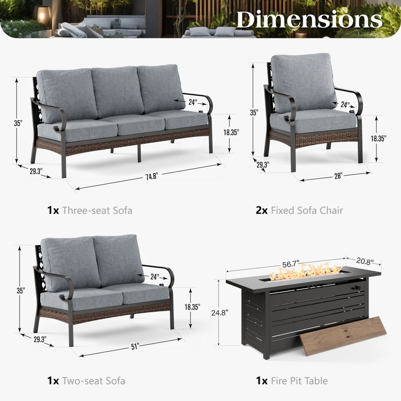 7 - Person Outdoor Furniture Sets With Fire Pit Table, Black/Gray/Black