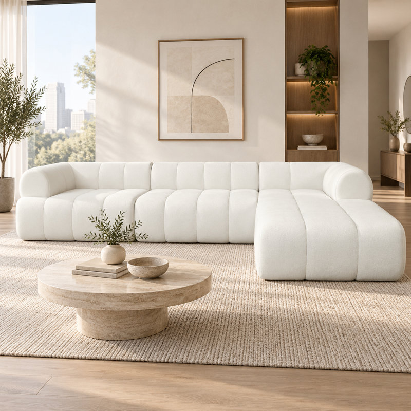 Canapé d'angle moderne sans cadre en forme de L de 310 cm de large avec méridienne à droite, mousse haute densité, canapé 2 pièces sans assemblage