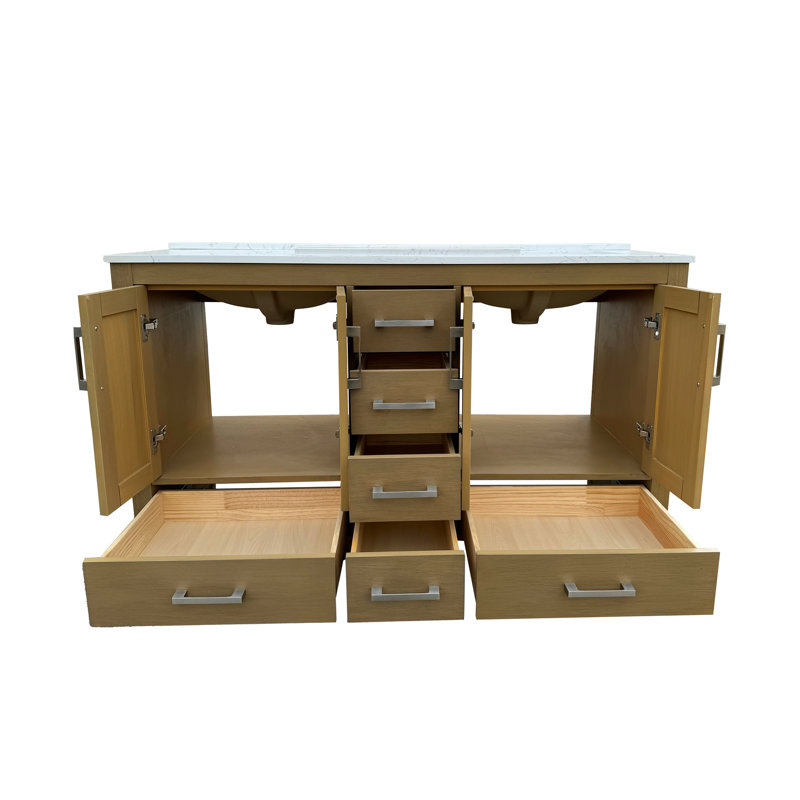 Meuble-lavabo de salle de bain de 55 pouces avec double lavabo et trou pour robinet, meuble-lavabo en chêne avec rangement, 4 portes et 6 tiroirs, comptoirs en céramique, mécanismes de fermeture en douceur pour une meilleure expérience utilisateur, lavabo en céramique.