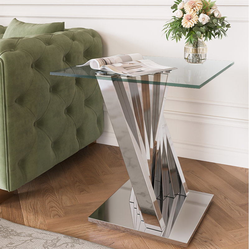 Anmol 22.83“ Glass Top End Table, Silver