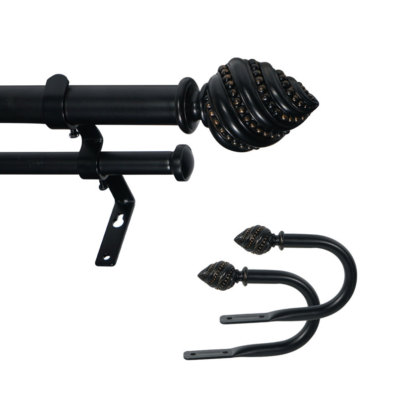 Tringle à rideaux double avec retenue Calynn de largeur totale x 1 pouce de diamètre, 48" - 84", Noir, noir, noir, noir