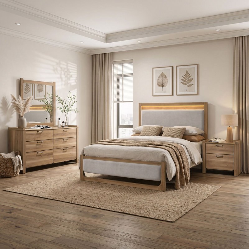 Ensemble de chambre à coucher 4 pièces avec tête chaude DEL Lunora, Ensemble de quatre pièces : lit, commode, miroir, Queen