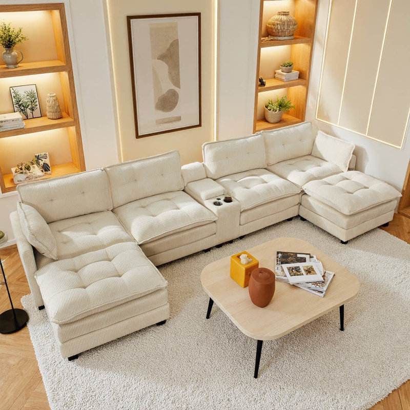 Canapé modulaire en forme de U surdimensionné de 154 po avec repose-pieds en forme de U | Canapé en velours côtelé à 6 places avec console centrale, porte-gobelet et porte-gobelets