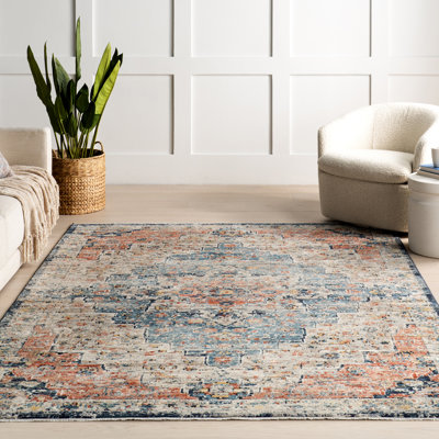 Deja Traditional Power Loom Performance Coral/ Navy Rug