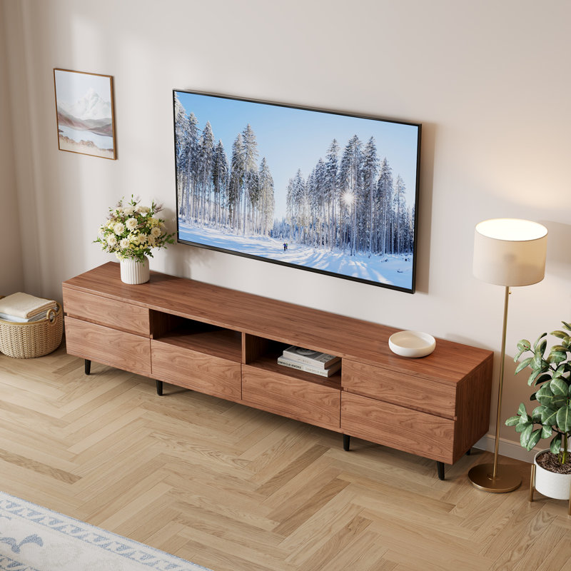 Modern TV Stand With Drawers & Open Shelves – Walnut Finish