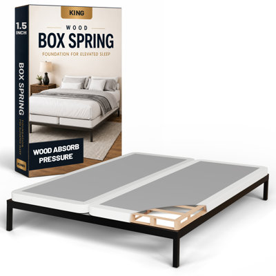 Box Spring Bed Base King Size, 1.5-Inch Wood Foundation – Quiet Noise Free, 2-Pieces Under Mattress-Support Boxspring, Fully Assembled, White