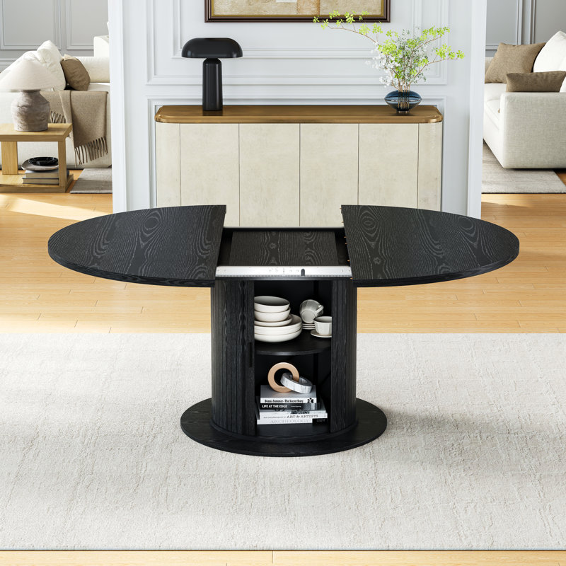 Modern 47" To 63" Expandable Round-To-Oval Dining Table With Fluted Pedestal Storage Cabinet And Reinforced Metal Frame