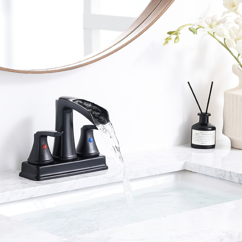 Robinet pour salle de bain 3 trous noir mat, 4 pouces, sortie d'eau en cascade, 2 poignées, pivotant à 360 degrés