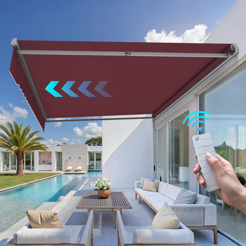 10x8 ft. Powered Retractable Patio Awnings, Outdoor Sunshade Canopy with Remote, Burgundy