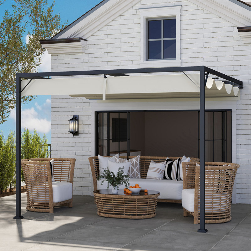 3 X 3m Cream White Wall Mountable Pergola, Sliding Retractable Canopy Garden Shelter With Triangle Reinforced Metal Frame