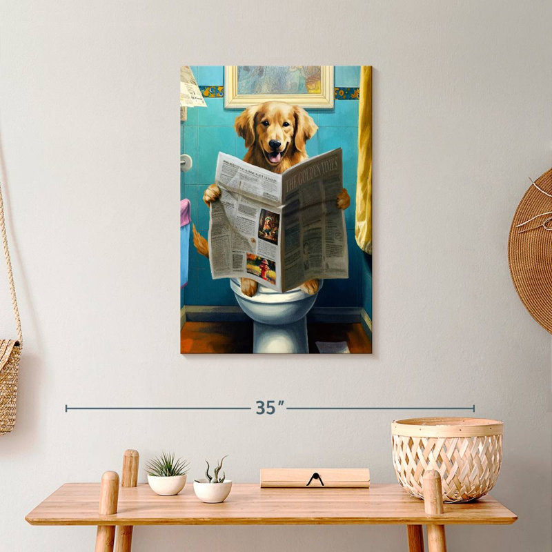 Golden retriever sur une toilette sur toile, H 24 po x l 16 po x P 1,25 po