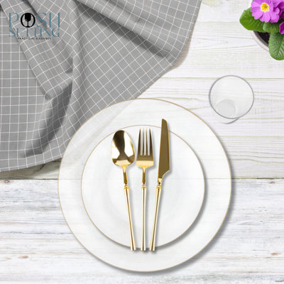 Posh Setting 840 Piece Clear And Gold Plastic Party Bundle - Organic Hammered (120 Settings)