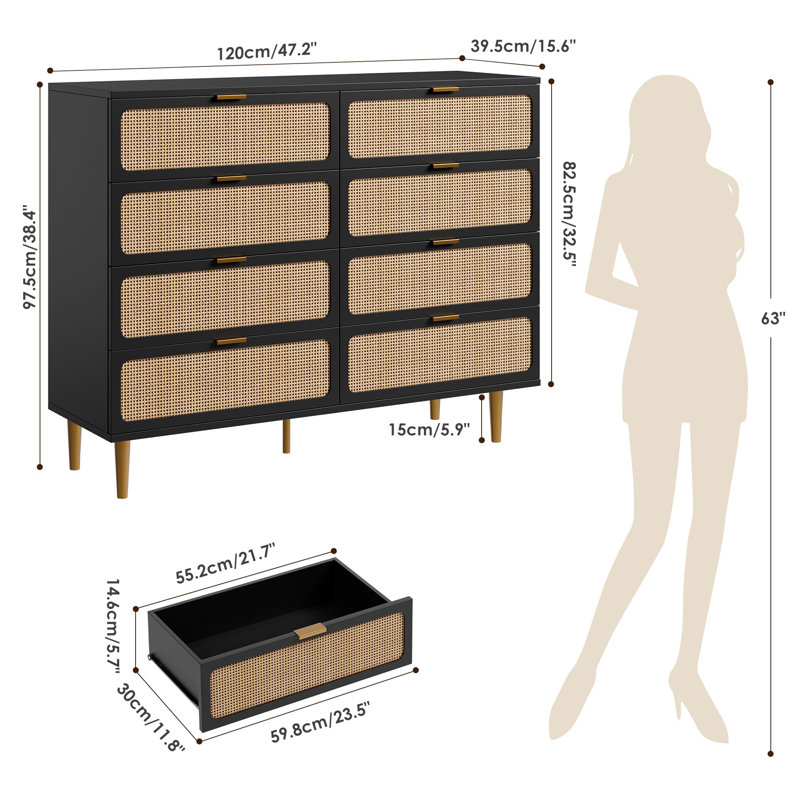 119.9 cm W Chest of 8 Drawers, Black