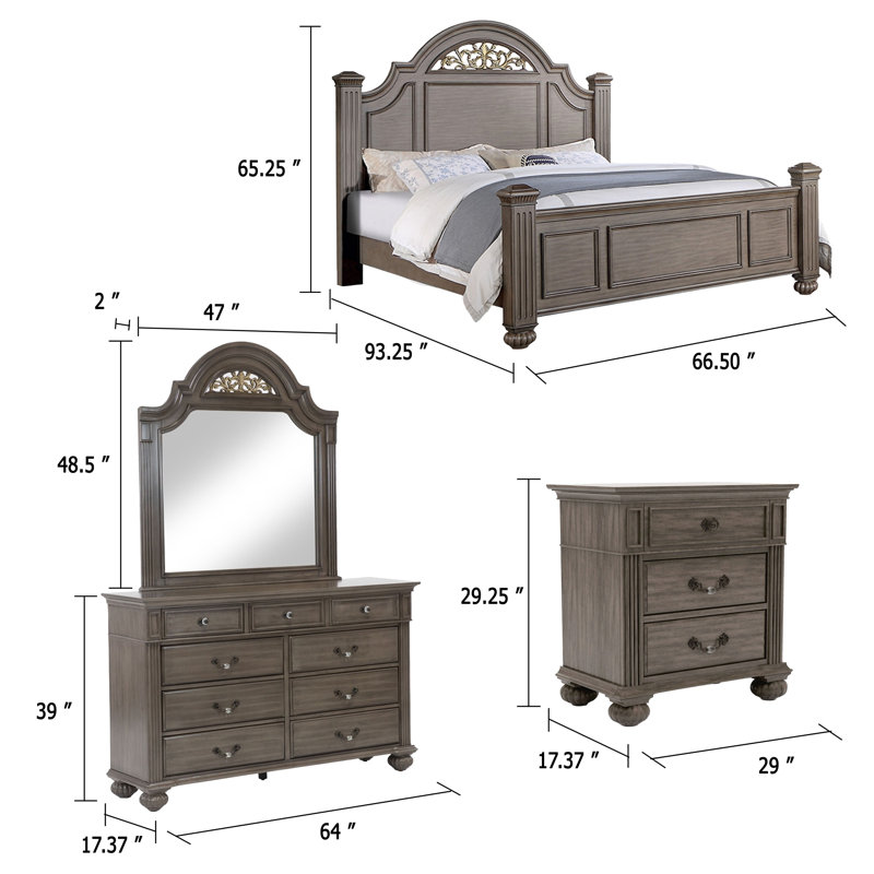 Ensemble de chambre avec grand lit 4 pièces Recus avec détails floraux sculptés, bois gris