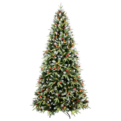 7ft Christmas Tree Featuring 450 Warm White Led Lights, 2178 Snow - Tipped Pe+ Branches, Red Berries & Pine , Stable Base For Realistic Look With Quick Installation Hinged Design Cozy Holiday