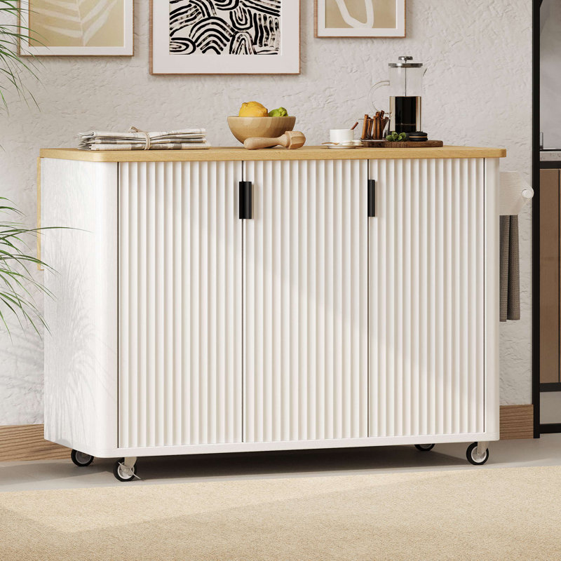 Fluted Kitchen Island, Accent Kitchen Island On Wheels With Drop Leaf And Internal Storage Rack, Rolling Kitchen Cart With Towel Rack For Kitchen, Dining Room