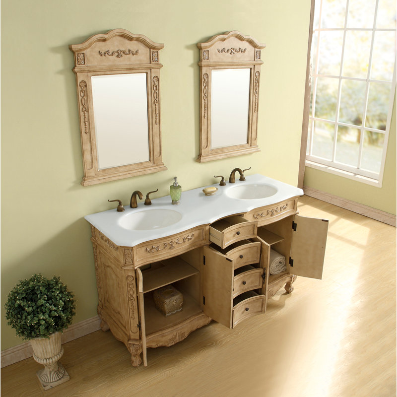 Ensemble de meuble-lavabo double 60 po Lunette, Beige antique, Blanc ivoire