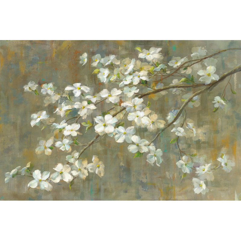 Cornouiller au printemps par Danhui Nai - peinture sur toile tendue, H 8 po x l 12 po, Cadre photo noyer, Oui