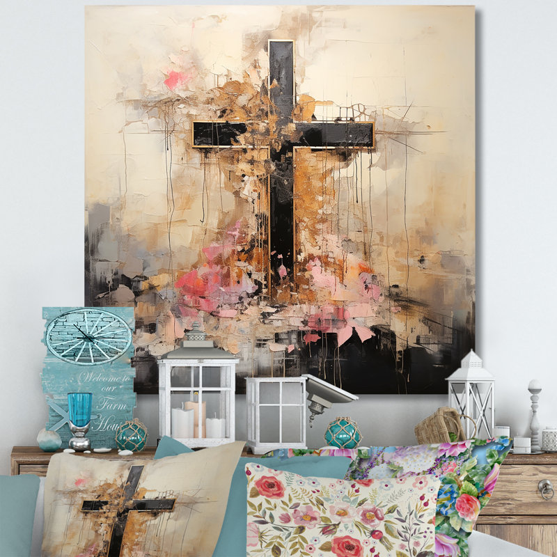 Minimalisme floral, croix religieuse, H 16 po x l 16 po x P 1 po, Toile tendue