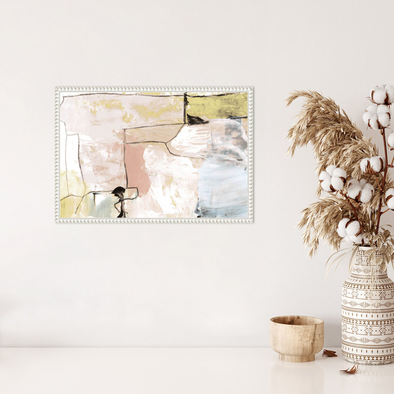 Abstract Pastels Graphic Art on Canvas with White Beaded Frame