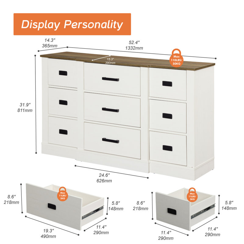 Glenford 52.5" Wide Modern Farmhouse Wooden Dresser With 9 Drawers For Teenagers, White