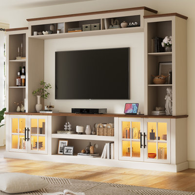 Meuble télé mural de style ferme de 250 cm avec éclairage DEL et station de recharge, centre multimédia pour téléviseurs de 178 cm, blanc