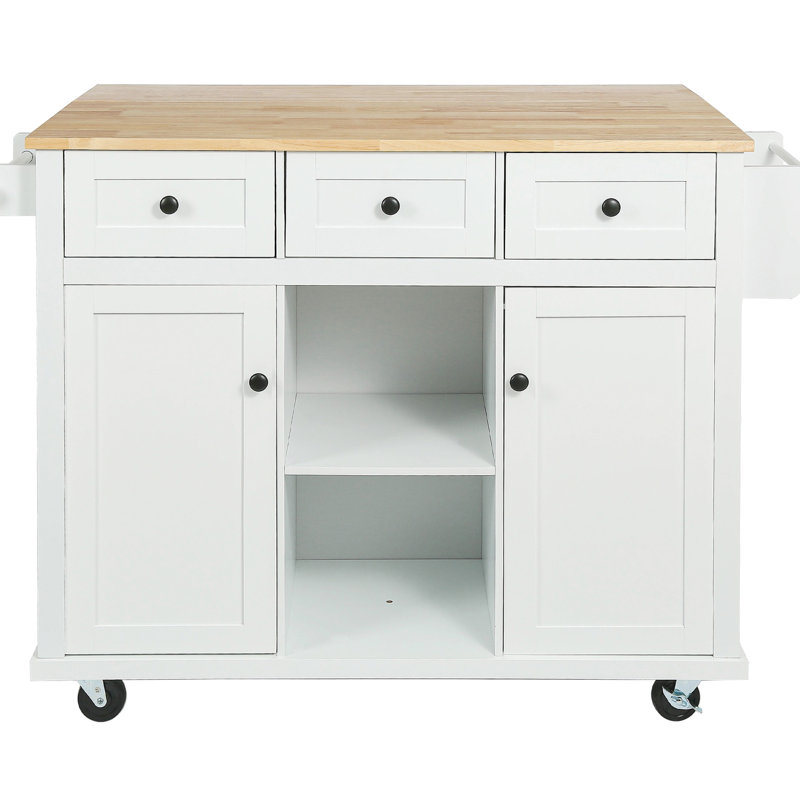 Grand chariot de cuisine avec tablettes amovibles et structure d'armoire en bois massif Drop Island, Blanc