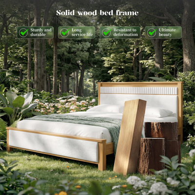 Cadre de lit King en bois massif avec tête de lit rembourrée, éclairage DEL et station de recharge – King