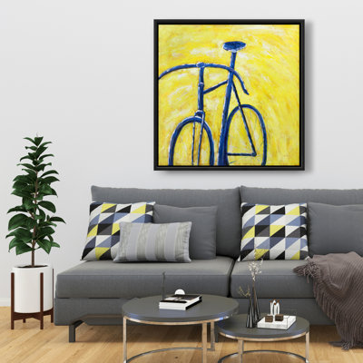 Blue Bike on Yellow Background - Transportation Canvas Art