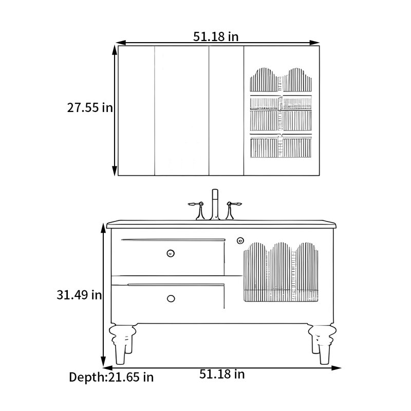 Armoire de salle de bain de style rétro français, H 31,49 po x l 51,18 po x P 21,65 po
