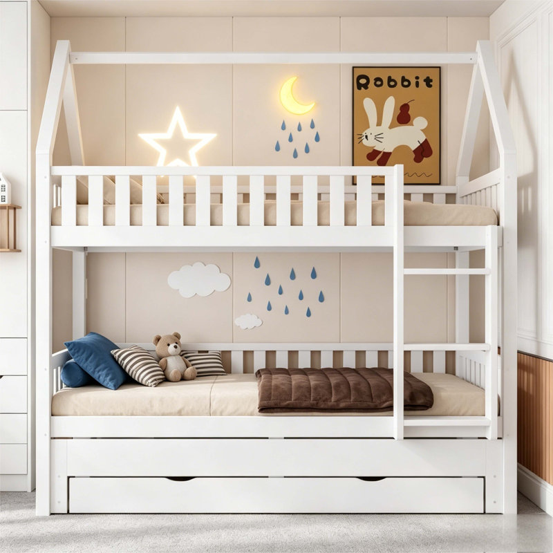 Lit superposé simple au-dessus de simple avec garde-corps, lit gigogne et 3 tiroirs de rangement, cadre de lit superposé en bois massif blanc pour enfants avec échelle pour la chambre à coucher