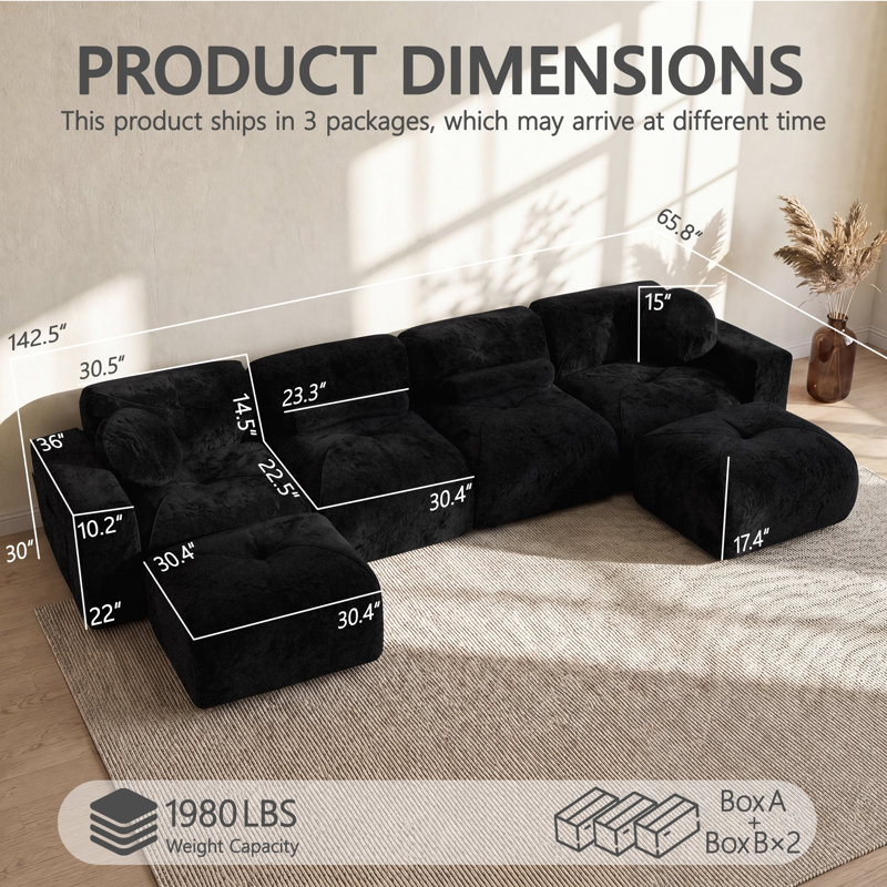 Canapé d'angle modulaire en velours sans ossature de salon, aucun assemblage requis, 30" H x 142" W x 65.8" D, Noir