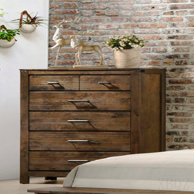 1pc Rustic Industrial Style Brown Five Drawer Chest Bedroom Solid Wood Wooden Furniture