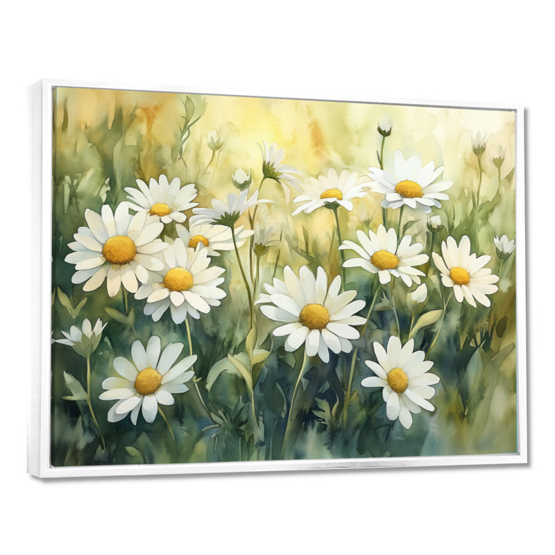 Summer Daisy Glow II - prairie blanche, art mural, H 12 po x l 20 po, Cadre flottant blanc