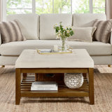Upholstered coffee table ottoman | tufted linen | beech wood shelf & frame | large square footrest | ivory | versatile
