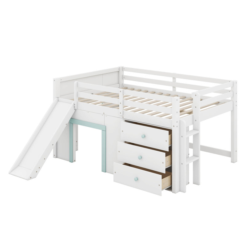 Full Size Low Loft Bed For Kids,Wood Modern Farmhouse Full Loft Bed With Slide And Drawer Storage, No Box Spring Needed